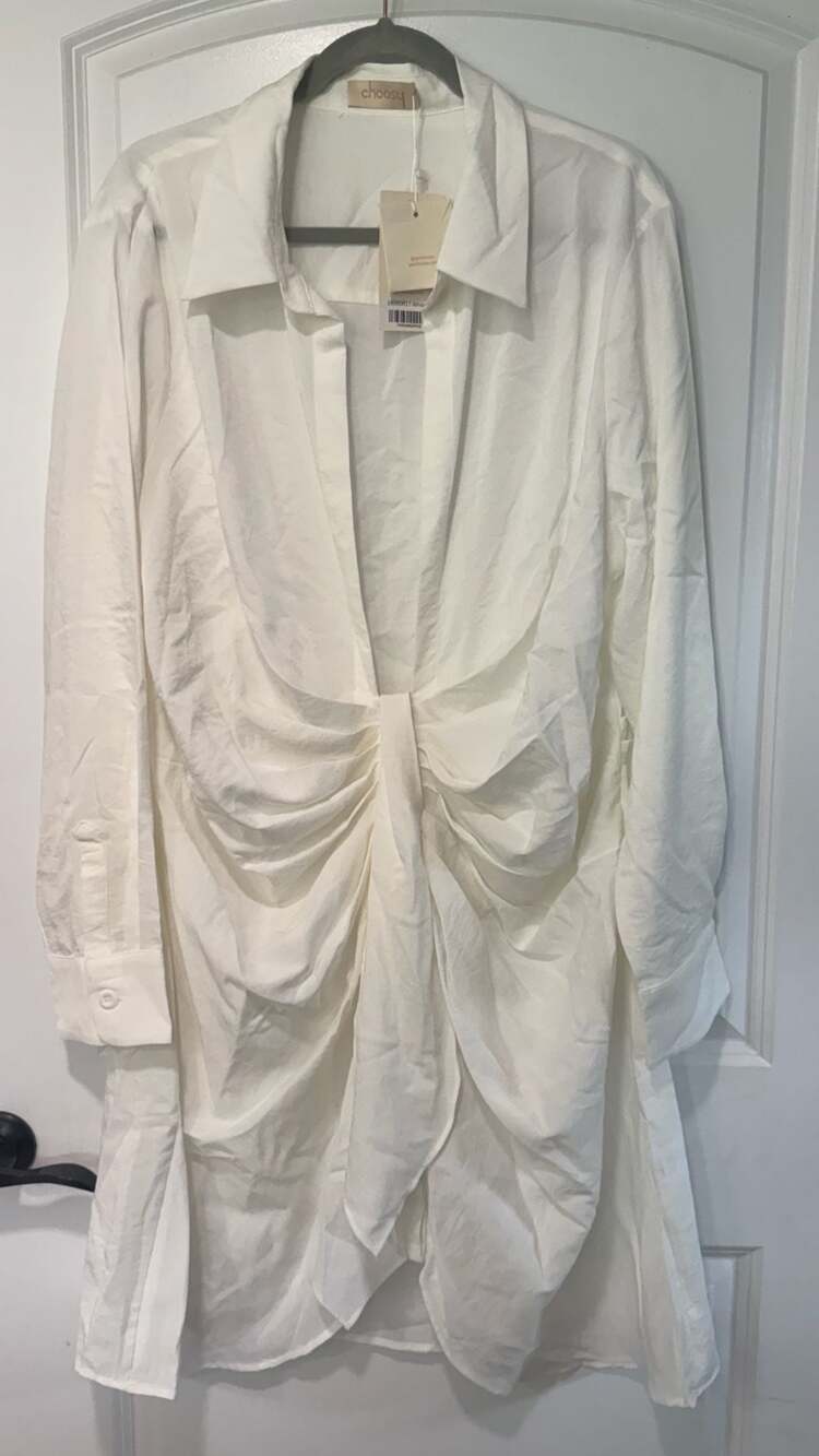 Ruched Draped Shirt Dress White Avant Garde Minimalist Statement Women’s 20